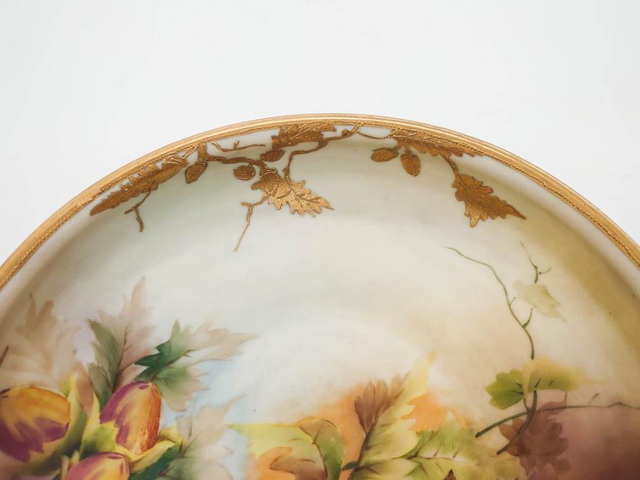 明治～大正期　オールドノリタケ　NORITAKE　木の実　金彩　金盛　ハンドペイント　自然モチーフが繊細な筆致と豊かな色彩で描かれた優雅な雰囲気のボウル(深皿、鉢、プレート、洋食器)(R-083291)