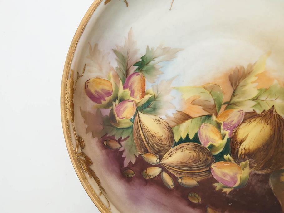 明治～大正期　オールドノリタケ　NORITAKE　木の実　金彩　金盛　ハンドペイント　自然モチーフが繊細な筆致と豊かな色彩で描かれた優雅な雰囲気のボウル(深皿、鉢、プレート、洋食器)(R-083291)