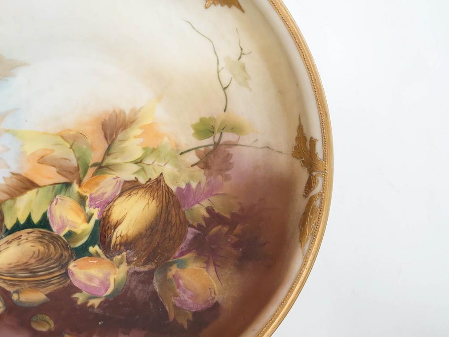 明治～大正期　オールドノリタケ　NORITAKE　木の実　金彩　金盛　ハンドペイント　自然モチーフが繊細な筆致と豊かな色彩で描かれた優雅な雰囲気のボウル(深皿、鉢、プレート、洋食器)(R-083291)