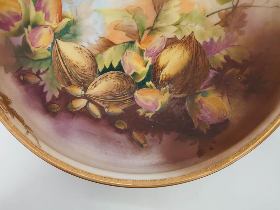 明治～大正期　オールドノリタケ　NORITAKE　木の実　金彩　金盛　ハンドペイント　自然モチーフが繊細な筆致と豊かな色彩で描かれた優雅な雰囲気のボウル(深皿、鉢、プレート、洋食器)(R-083291)