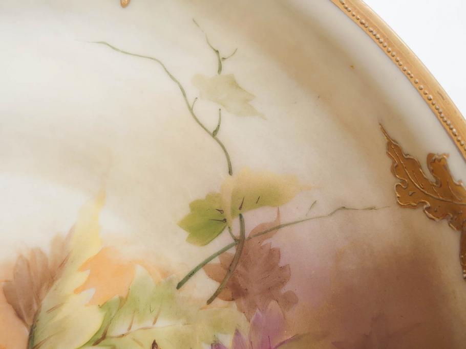 明治～大正期　オールドノリタケ　NORITAKE　木の実　金彩　金盛　ハンドペイント　自然モチーフが繊細な筆致と豊かな色彩で描かれた優雅な雰囲気のボウル(深皿、鉢、プレート、洋食器)(R-083291)