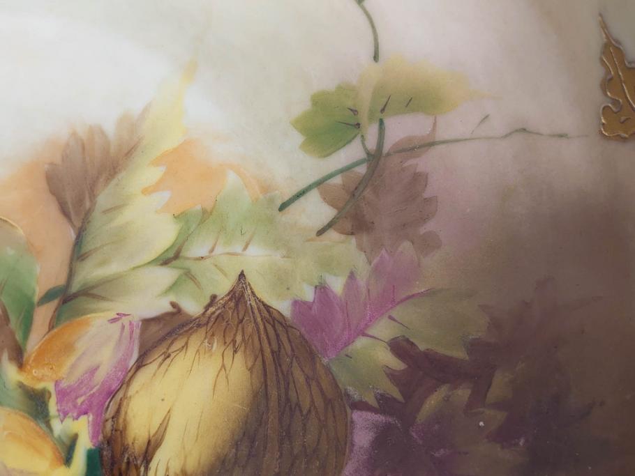 明治～大正期　オールドノリタケ　NORITAKE　木の実　金彩　金盛　ハンドペイント　自然モチーフが繊細な筆致と豊かな色彩で描かれた優雅な雰囲気のボウル(深皿、鉢、プレート、洋食器)(R-083291)