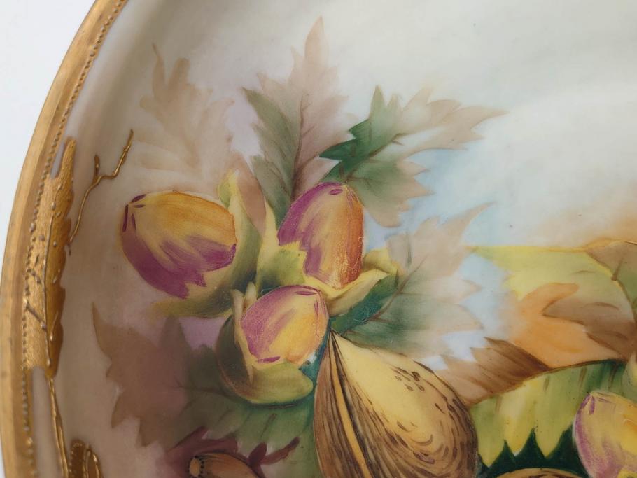 明治～大正期　オールドノリタケ　NORITAKE　木の実　金彩　金盛　ハンドペイント　自然モチーフが繊細な筆致と豊かな色彩で描かれた優雅な雰囲気のボウル(深皿、鉢、プレート、洋食器)(R-083291)