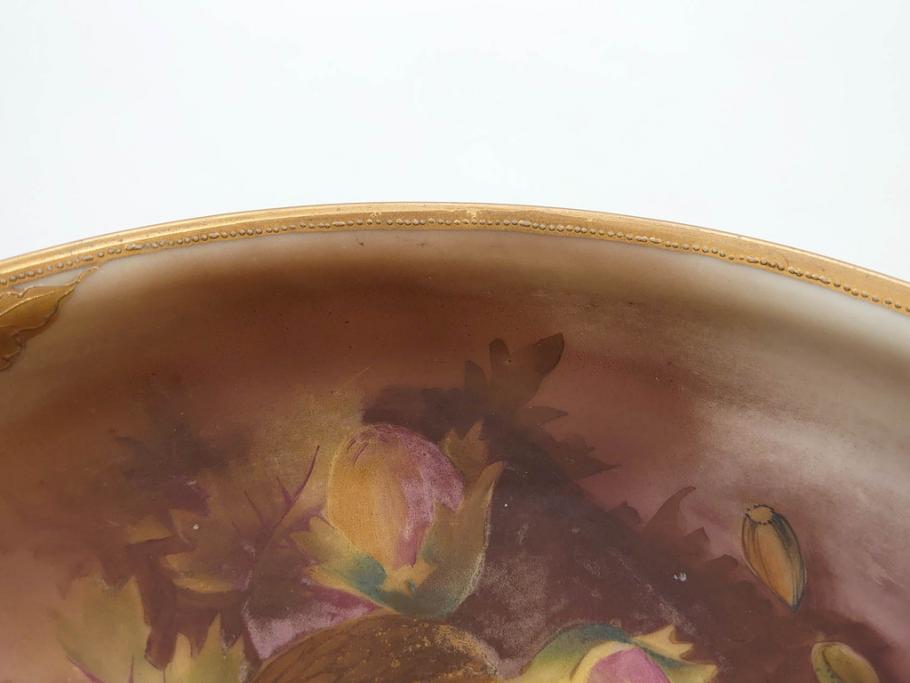 明治～大正期　オールドノリタケ　NORITAKE　木の実　金彩　金盛　ハンドペイント　自然モチーフが繊細な筆致と豊かな色彩で描かれた優雅な雰囲気のボウル(深皿、鉢、プレート、洋食器)(R-083291)