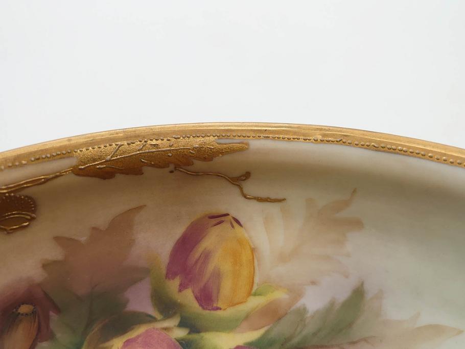 明治～大正期　オールドノリタケ　NORITAKE　木の実　金彩　金盛　ハンドペイント　自然モチーフが繊細な筆致と豊かな色彩で描かれた優雅な雰囲気のボウル(深皿、鉢、プレート、洋食器)(R-083291)