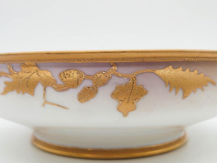 明治～大正期　オールドノリタケ　NORITAKE　木の実　金彩　金盛　ハンドペイント　自然モチーフが繊細な筆致と豊かな色彩で描かれた優雅な雰囲気のボウル(深皿、鉢、プレート、洋食器)(R-083291)