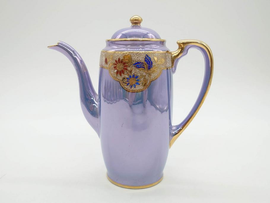 大正～昭和初期　オールドノリタケ　NORITAKE　ラスター彩　金彩　金盛　花蝶　美しい光沢がテーブルを華やかに彩るデミタスコーヒーセット(キャビネット、ティー、ポット、クリーマー、シュガーポット、カップ&ソーサー、C&S、洋食器)(R-083292)