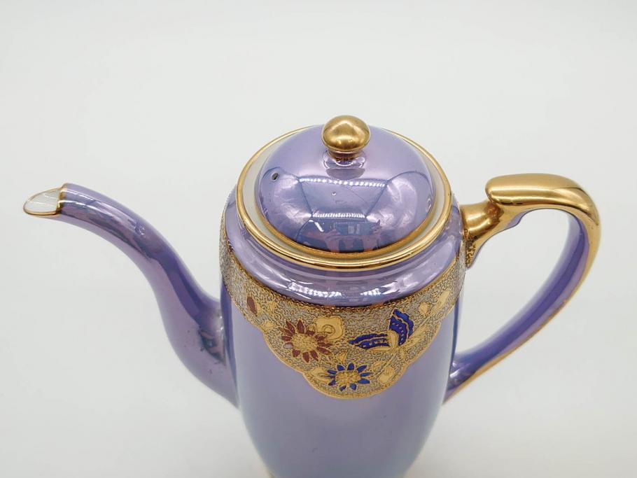 大正～昭和初期　オールドノリタケ　NORITAKE　ラスター彩　金彩　金盛　花蝶　美しい光沢がテーブルを華やかに彩るデミタスコーヒーセット(キャビネット、ティー、ポット、クリーマー、シュガーポット、カップ&ソーサー、C&S、洋食器)(R-083292)