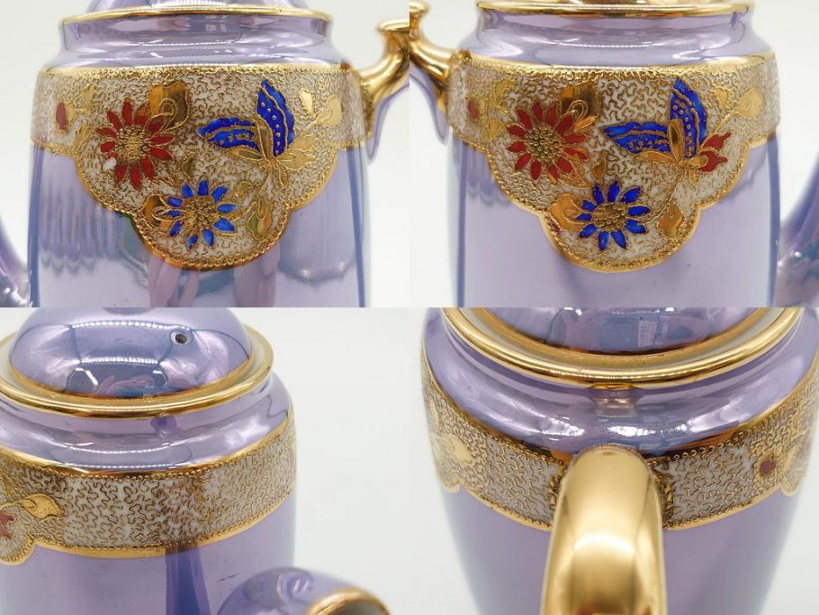 大正～昭和初期　オールドノリタケ　NORITAKE　ラスター彩　金彩　金盛　花蝶　美しい光沢がテーブルを華やかに彩るデミタスコーヒーセット(キャビネット、ティー、ポット、クリーマー、シュガーポット、カップ&ソーサー、C&S、洋食器)(R-083292)