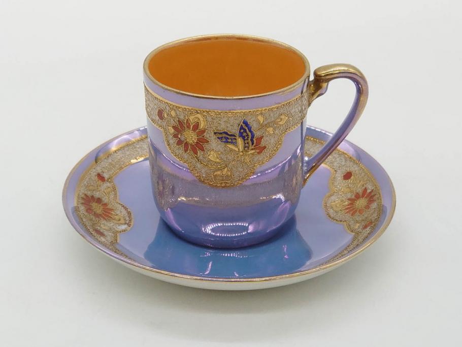 大正～昭和初期　オールドノリタケ　NORITAKE　ラスター彩　金彩　金盛　花蝶　美しい光沢がテーブルを華やかに彩るデミタスコーヒーセット(キャビネット、ティー、ポット、クリーマー、シュガーポット、カップ&ソーサー、C&S、洋食器)(R-083292)