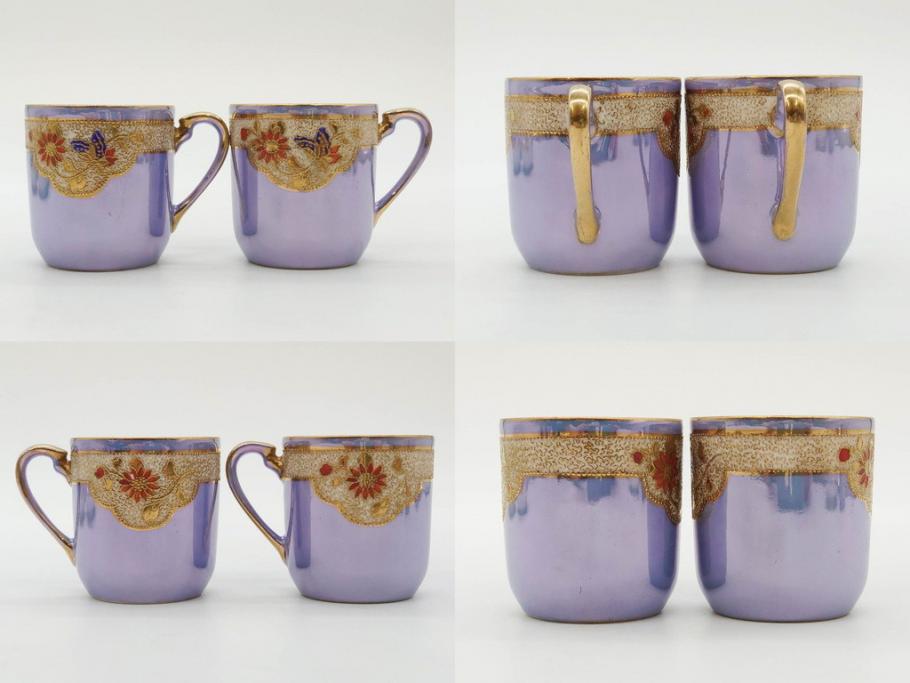 大正～昭和初期　オールドノリタケ　NORITAKE　ラスター彩　金彩　金盛　花蝶　美しい光沢がテーブルを華やかに彩るデミタスコーヒーセット(キャビネット、ティー、ポット、クリーマー、シュガーポット、カップ&ソーサー、C&S、洋食器)(R-083292)