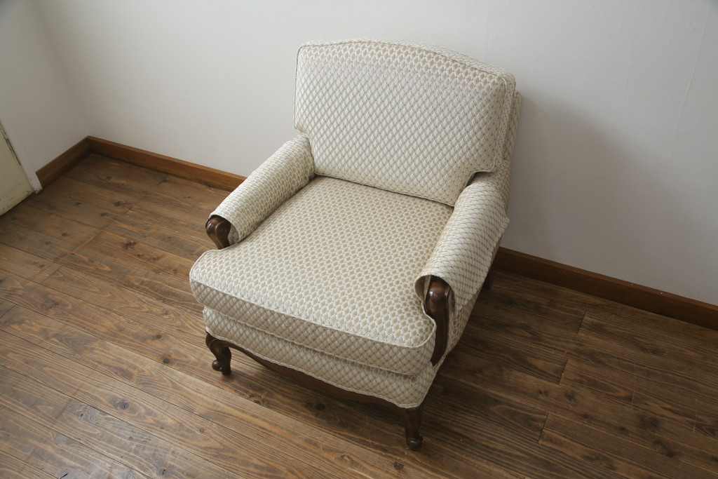 中古　超美品!!　DREXEL HERITAGE(ドレクセルヘリテイジ)　Upholstery(アップホルスタリー)　張り替え済み　クラシカルな佇まいの1人掛けソファ(アームチェア、一人掛け、1P、ラウンジチェア)(R-066406)