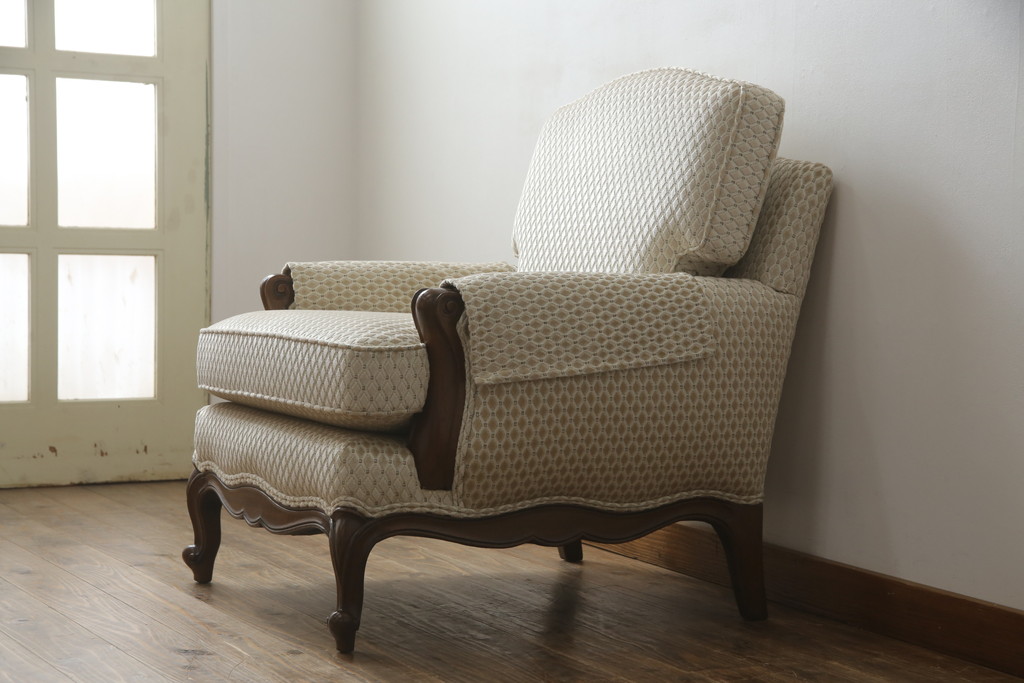 中古　超美品!!　DREXEL HERITAGE(ドレクセルヘリテイジ)　Upholstery(アップホルスタリー)　張り替え済み　クラシカルな佇まいの1Pソファ(アームチェア、一人掛け、1人掛け、ラウンジチェア)(定価約45万円)(R-066488)