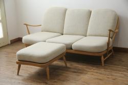 イギリスビンテージ　希少!　ERCOL(アーコール)　くつろぎの空間を演出する3人掛けソファとオットマンのセット(三人掛けソファ、3P、アームソファ、トリプルソファ、フットスツール、ヴィンテージ、英国、北欧)(R-067129)