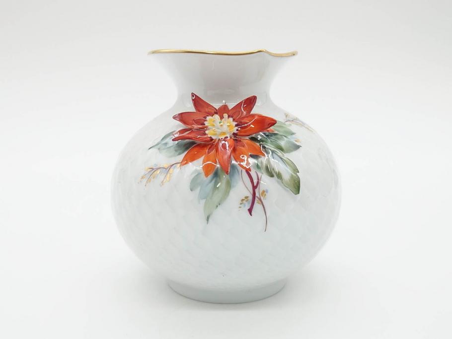 ドイツ　マイセン　Meissen　波の戯れ　ポインセチアの花が愛らしく上品な花瓶(花器、花入、フラワーベース)(定価約66000円)(R-070339)