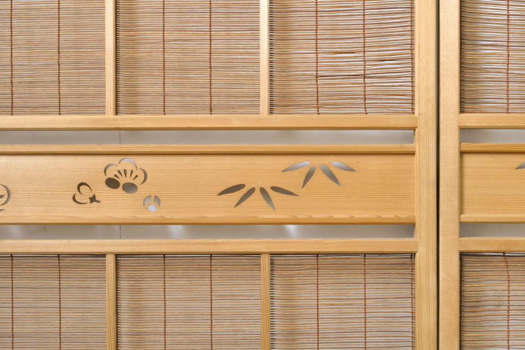ビンテージ建具　1980年　松竹梅　上品な和の雰囲気を高める御簾戸4枚セット(戸、簀戸、葭戸、夏障子、夏戸、葦戸、引き戸)(R-062174)