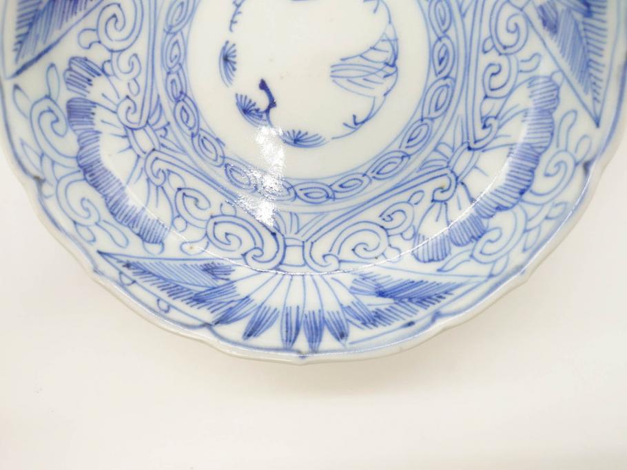 江戸期　古伊万里　染付　線描　松竹梅文　3.6寸　約11cm　爽やかな色合いが素敵な小皿5枚セット(和食器、和皿、三寸六分)(R-070392)