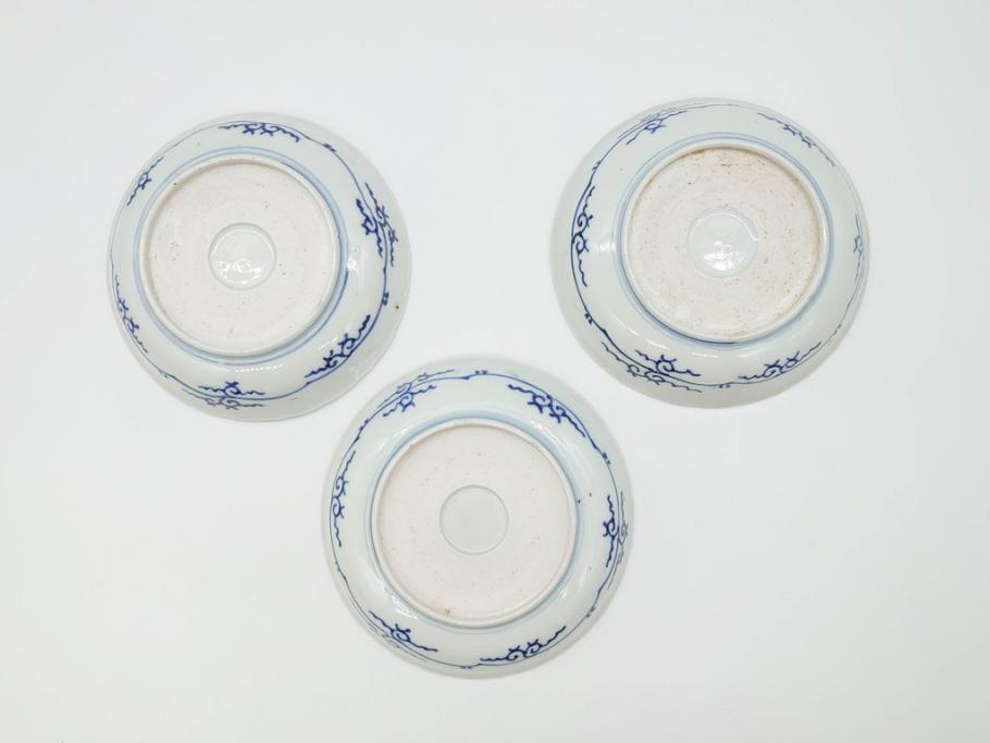 江戸期　古伊万里　染付　松竹梅文　5.1寸　約16cm　繊細に描かれた線描が美しい中皿3枚セット(和食器、和皿、五寸一分)(R-070396)