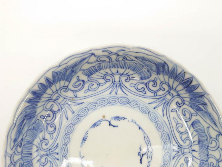 江戸期　古伊万里　染付　松竹梅文　5.1寸　約16cm　繊細に描かれた線描が美しい中皿3枚セット(和食器、和皿、五寸一分)(R-070396)