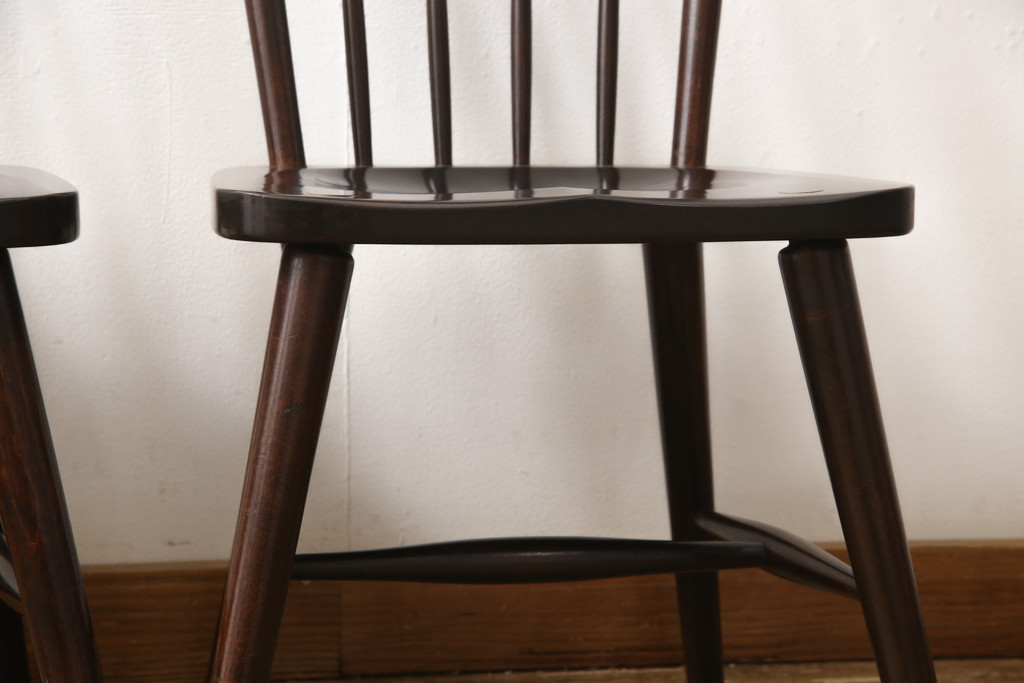 ビンテージ　松本民芸家具　#55型　レトロで温かみ漂うスピンドルチェア2脚セット(木製イス、ダイニングチェア、椅子)(R-056752)