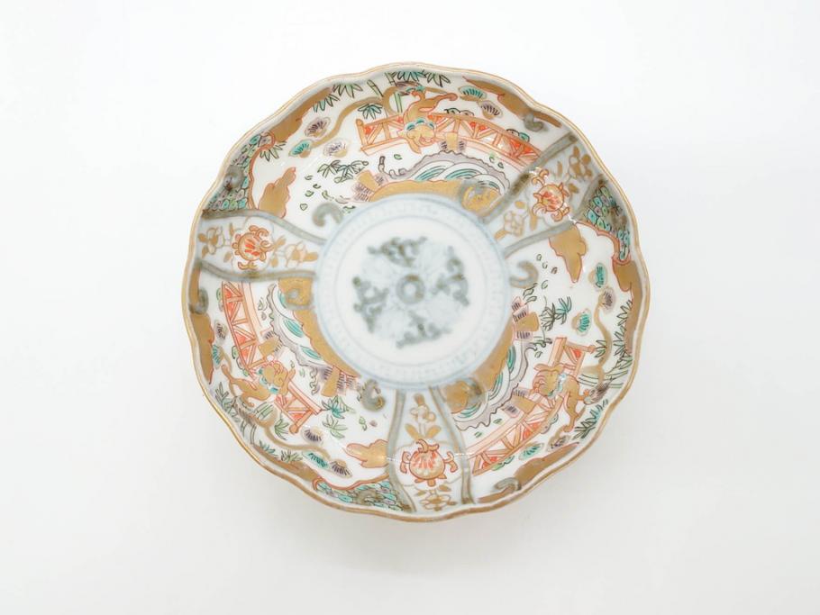 幕末　古伊万里　金彩　色絵　約12cm　3.8寸　煌びやかな絵付けが素敵な小皿6枚セット(獅子、松竹、和食器、深皿、和皿、三寸八分)(R-070407)