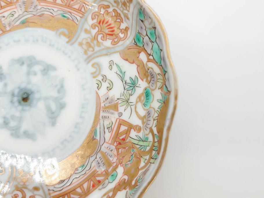 幕末　古伊万里　金彩　色絵　約12cm　3.8寸　煌びやかな絵付けが素敵な小皿5枚セット(獅子、松竹、和食器、深皿、和皿、三寸八分)(R-070408)