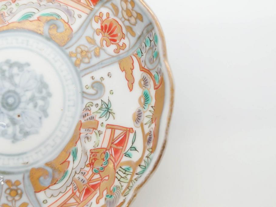 幕末　古伊万里　金彩　色絵　約12cm　3.8寸　煌びやかな絵付けが素敵な小皿5枚セット(獅子、松竹、和食器、深皿、和皿、三寸八分)(R-070409)