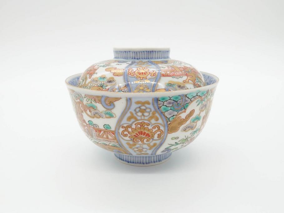 江戸期　古伊万里　金彩　色絵　約12cm　3.8寸　一つ一つ丁寧に絵付けされた豪華な蓋付き茶碗3客セット(獅子、松竹、和食器、三寸八分)(R-070416)
