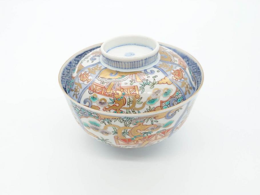 江戸期　古伊万里　金彩　色絵　約12cm　3.8寸　一つ一つ丁寧に絵付けされた豪華な蓋付き茶碗3客セット(獅子、松竹、和食器、三寸八分)(R-070416)