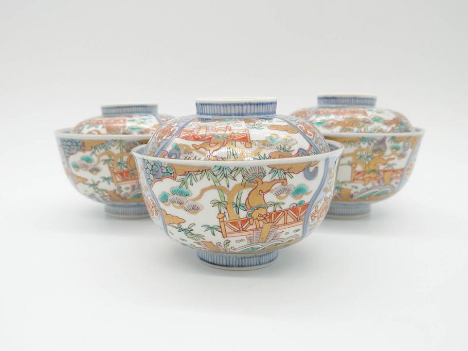 江戸期　古伊万里　金彩　色絵　約12cm　3.8寸　一つ一つ丁寧に絵付けされた豪華な蓋付き茶碗3客セット(獅子、松竹、和食器、三寸八分)(R-070417)