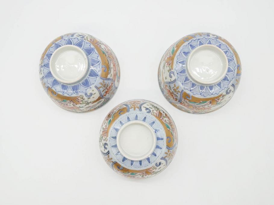 江戸期　古伊万里　金彩　色絵　約12cm　3.8寸　一つ一つ丁寧に絵付けされた豪華な蓋付き茶碗3客セット(獅子、松竹、和食器、三寸八分)(R-070417)