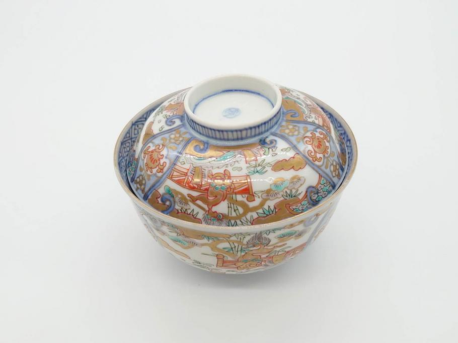 江戸期　古伊万里　金彩　色絵　約12cm　3.8寸　一つ一つ丁寧に絵付けされた豪華な蓋付き茶碗3客セット(獅子、松竹、和食器、三寸八分)(R-070417)
