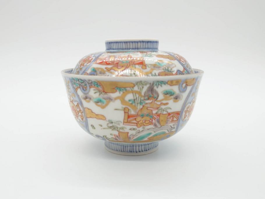 江戸期　古伊万里　金彩　色絵　約12cm　3.8寸　一つ一つ丁寧に絵付けされた豪華な蓋付き茶碗3客セット(獅子、松竹、和食器、三寸八分)(R-070417)