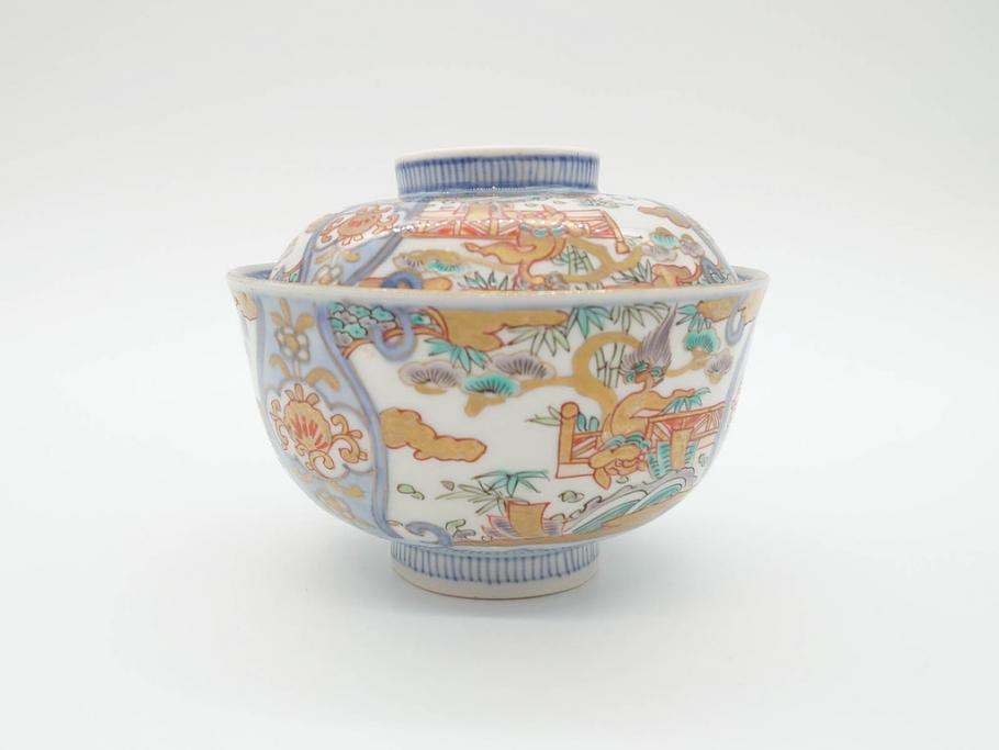 江戸期　古伊万里　金彩　色絵　約12cm　3.8寸　一つ一つ丁寧に絵付けされた豪華な蓋付き茶碗3客セット(獅子、松竹、和食器、三寸八分)(R-070417)