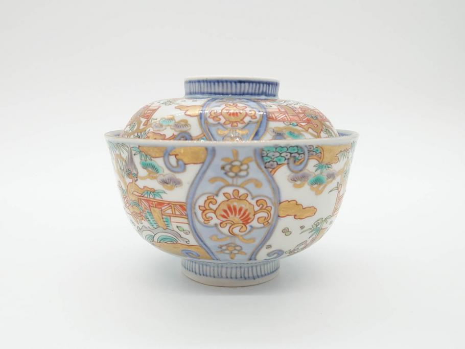 江戸期　古伊万里　金彩　色絵　約12cm　3.8寸　一つ一つ丁寧に絵付けされた豪華な蓋付き茶碗3客セット(獅子、松竹、和食器、三寸八分)(R-070417)