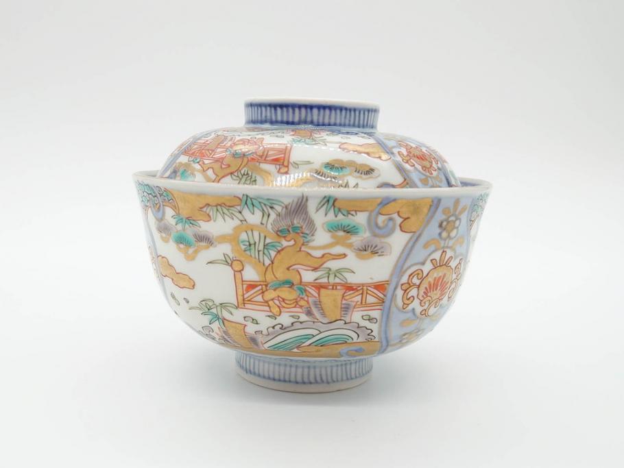 江戸期　古伊万里　金彩　色絵　約12cm　3.8寸　一つ一つ丁寧に絵付けされた豪華な蓋付き茶碗3客セット(獅子、松竹、和食器、三寸八分)(R-070417)