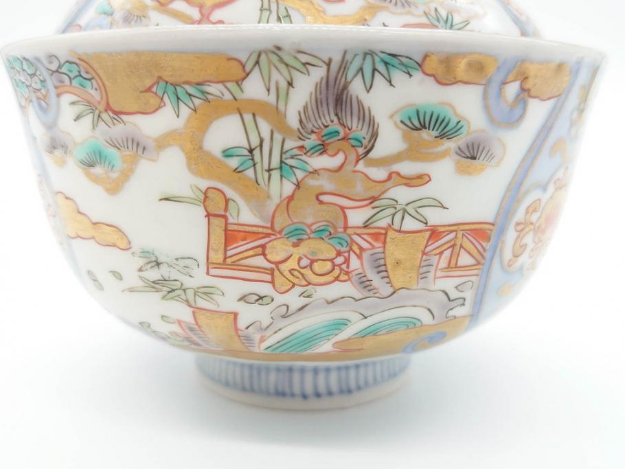 江戸期　古伊万里　金彩　色絵　約12cm　3.8寸　一つ一つ丁寧に絵付けされた豪華な蓋付き茶碗3客セット(獅子、松竹、和食器、三寸八分)(R-070417)