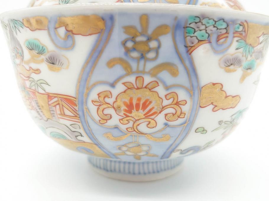 江戸期　古伊万里　金彩　色絵　約12cm　3.8寸　一つ一つ丁寧に絵付けされた豪華な蓋付き茶碗3客セット(獅子、松竹、和食器、三寸八分)(R-070417)