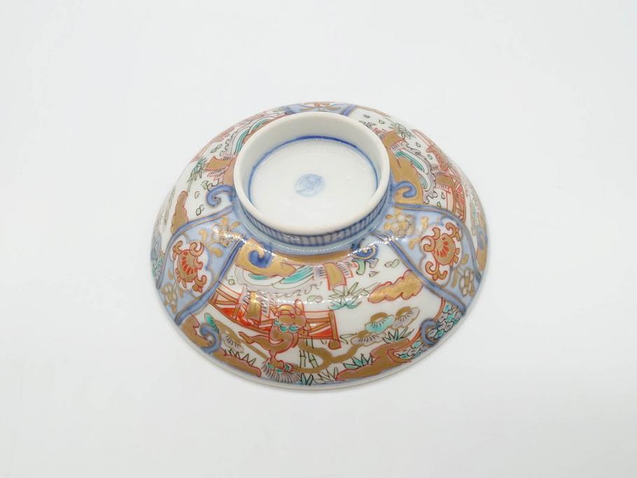 江戸期　古伊万里　金彩　色絵　約12cm　3.8寸　一つ一つ丁寧に絵付けされた豪華な蓋付き茶碗3客セット(獅子、松竹、和食器、三寸八分)(R-070417)