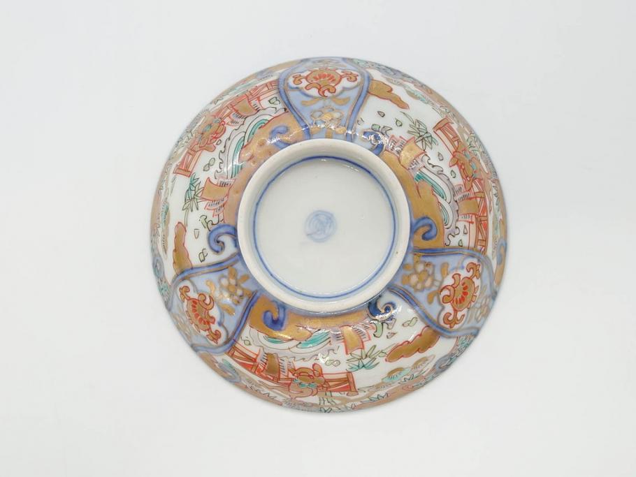 江戸期　古伊万里　金彩　色絵　約12cm　3.8寸　一つ一つ丁寧に絵付けされた豪華な蓋付き茶碗3客セット(獅子、松竹、和食器、三寸八分)(R-070417)