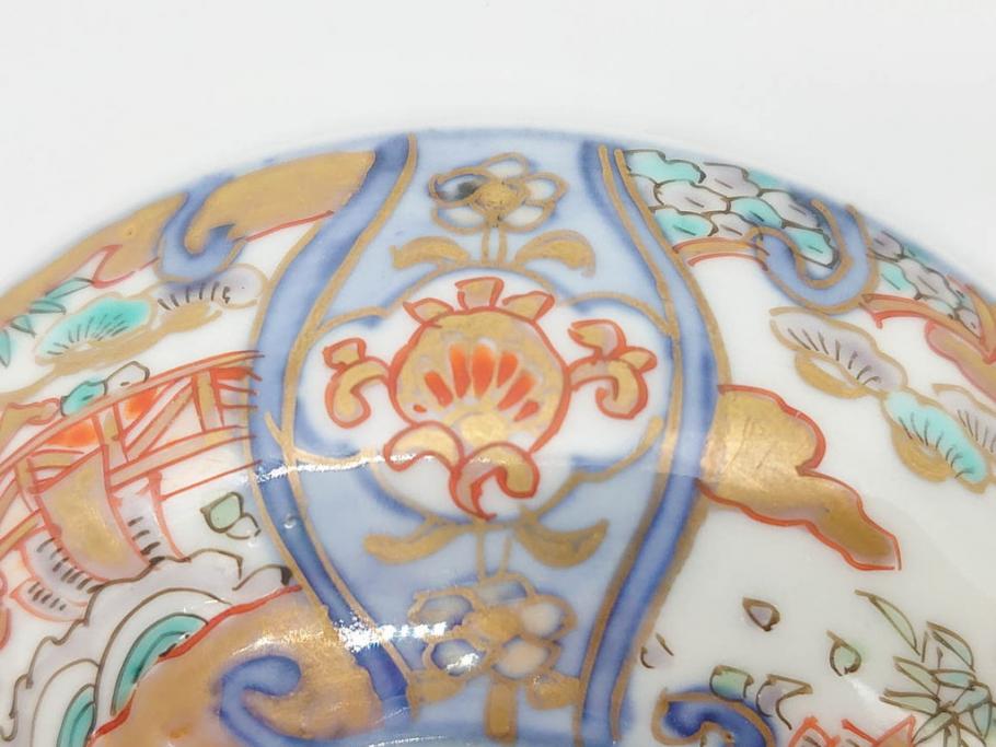 江戸期　古伊万里　金彩　色絵　約12cm　3.8寸　一つ一つ丁寧に絵付けされた豪華な蓋付き茶碗3客セット(獅子、松竹、和食器、三寸八分)(R-070417)