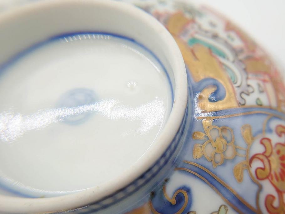 江戸期　古伊万里　金彩　色絵　約12cm　3.8寸　一つ一つ丁寧に絵付けされた豪華な蓋付き茶碗3客セット(獅子、松竹、和食器、三寸八分)(R-070417)
