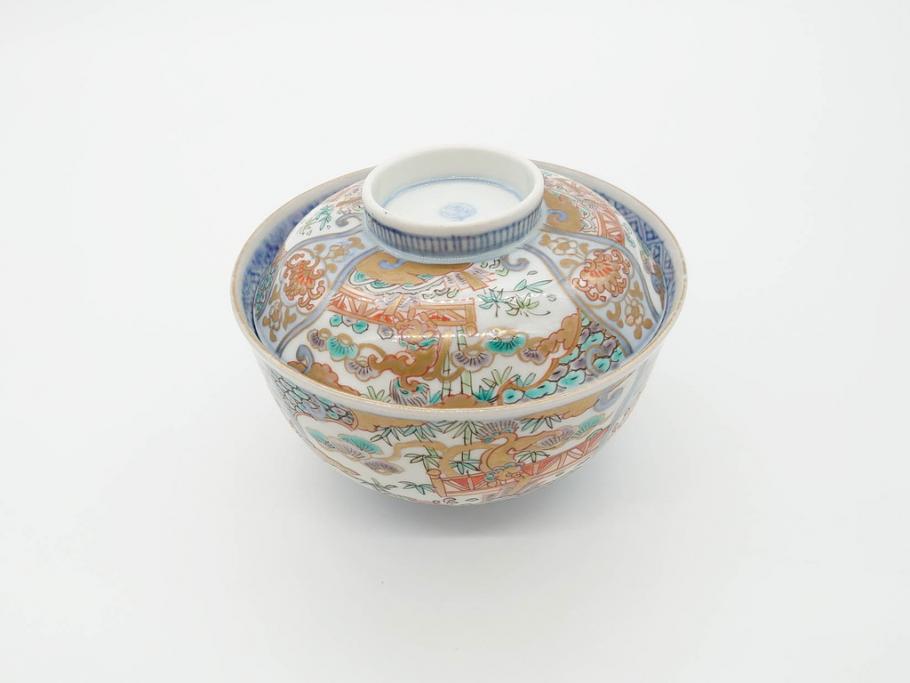 江戸期　古伊万里　金彩　色絵　約12cm　3.8寸　一つ一つ丁寧に絵付けされた豪華な蓋付き茶碗3客セット(獅子、松竹、和食器、三寸八分)(R-070417)