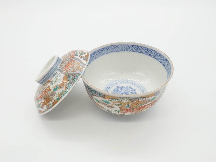江戸期　古伊万里　金彩　色絵　約12cm　3.8寸　一つ一つ丁寧に絵付けされた豪華な蓋付き茶碗3客セット(獅子、松竹、和食器、三寸八分)(R-070417)