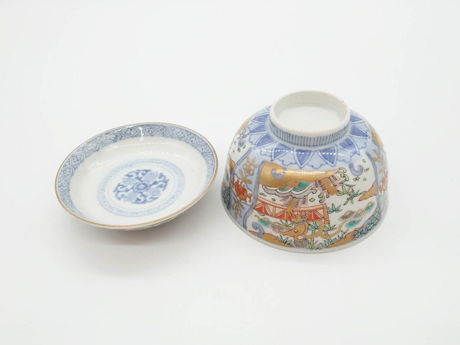 江戸期　古伊万里　金彩　色絵　約12cm　3.8寸　一つ一つ丁寧に絵付けされた豪華な蓋付き茶碗3客セット(獅子、松竹、和食器、三寸八分)(R-070417)