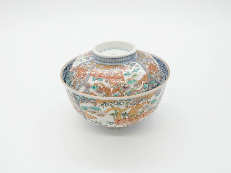 江戸期　古伊万里　金彩　色絵　約12cm　3.8寸　一つ一つ丁寧に絵付けされた豪華な蓋付き茶碗3客セット(獅子、松竹、和食器、三寸八分)(R-070417)