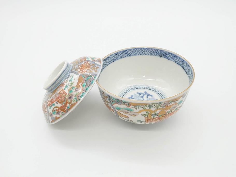江戸期　古伊万里　金彩　色絵　約12cm　3.8寸　一つ一つ丁寧に絵付けされた豪華な蓋付き茶碗3客セット(獅子、松竹、和食器、三寸八分)(R-070417)