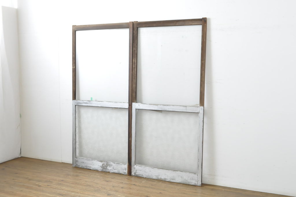 アンティーク建具　異なるガラスの質感が面白いガラス戸2枚セット(引き戸、建具)(R-062876)
