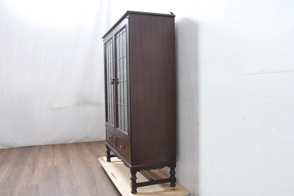 中古　美品　神戸元町欧風家具メープル不二屋製　マホガニー材の高級キャビネット(収納棚、戸棚、サイドキャビネット、飾り棚、本箱、ブックケース)(R-083272)
