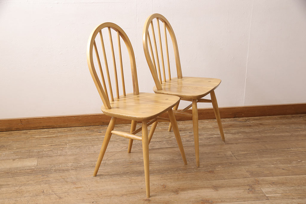 イギリスビンテージ　ERCOL(アーコール)　ナチュラルな雰囲気がかわいらしいフープバックチェア2脚セット(板座チェア、ダイニングチェア、ヴィンテージ)(R-052441)